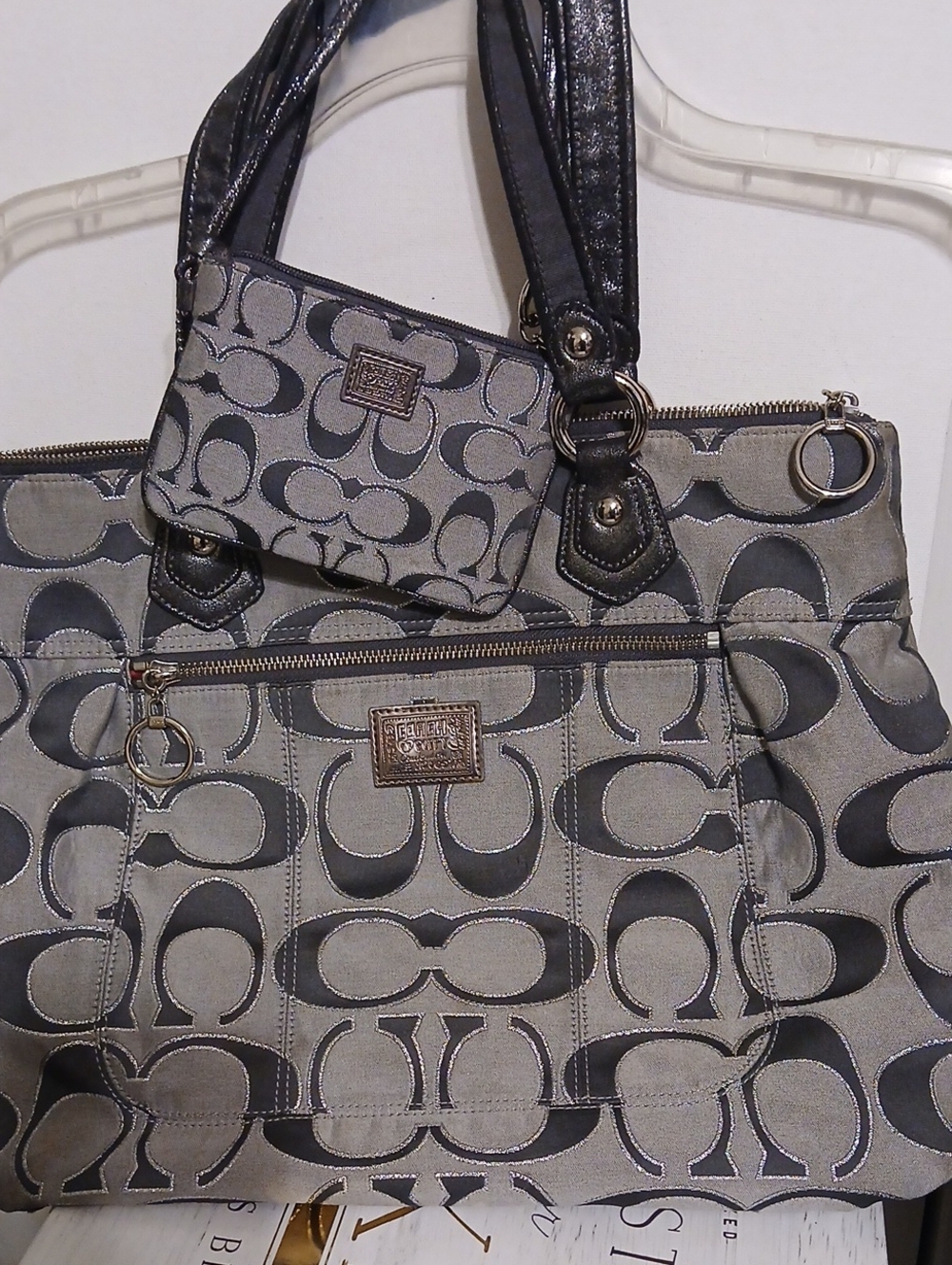 Coach Gray and Silver Signature Canvas Tote with Wristlet